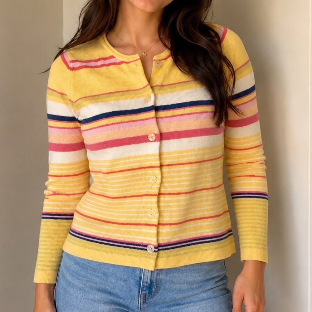 Crazy Horse Liz Claiborne Striped Cotton Cardigan Sweater Yellow Pink Large u3